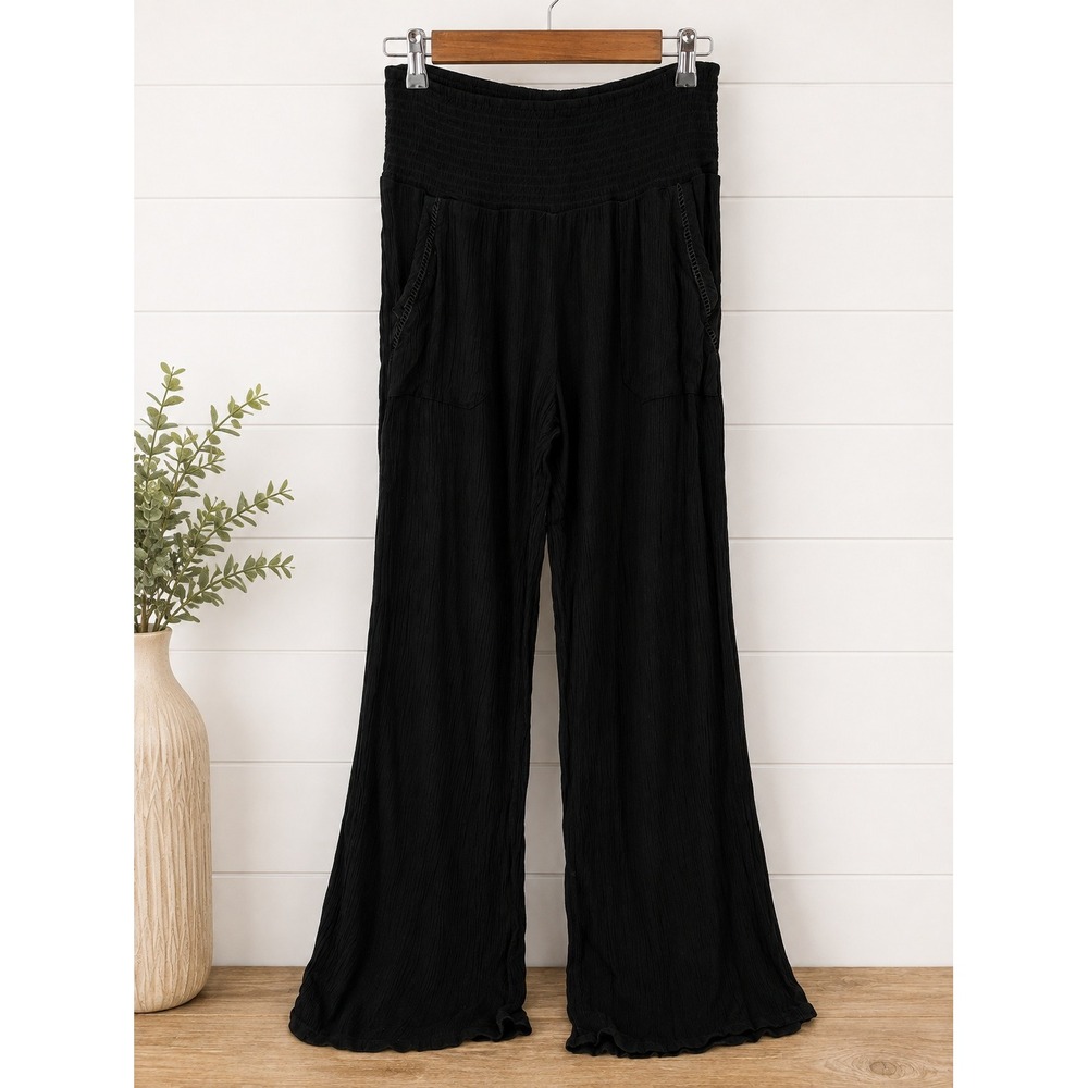 Three Dots Gauze Wide Leg Pants Womens Small Black Smocked Waist Boho